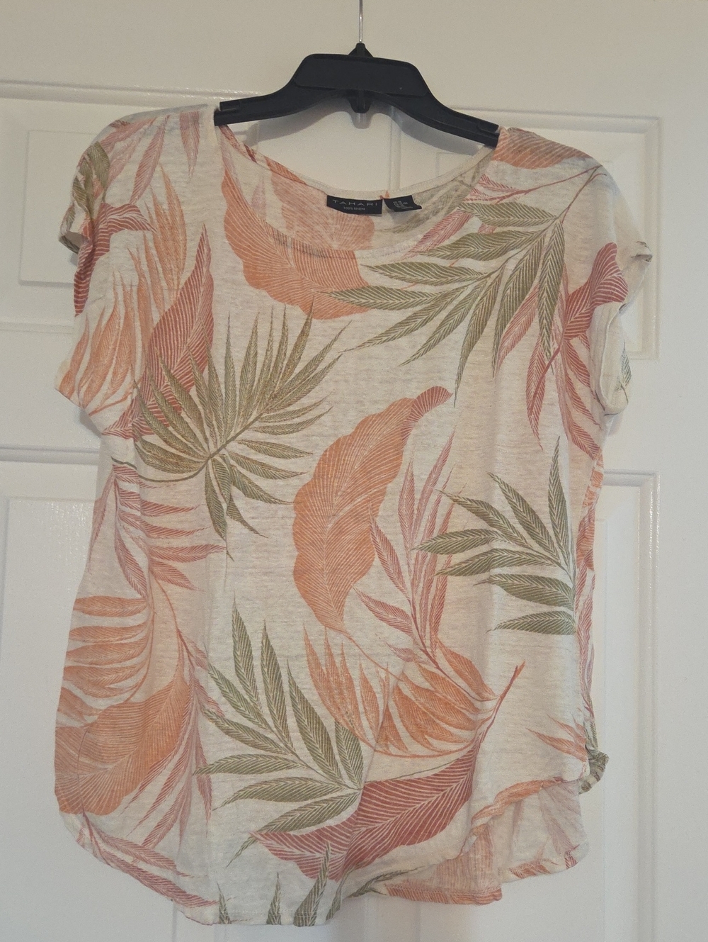 Tahari Cream Short-Sleeve Linen Top with Peach & Olive Leaf Print